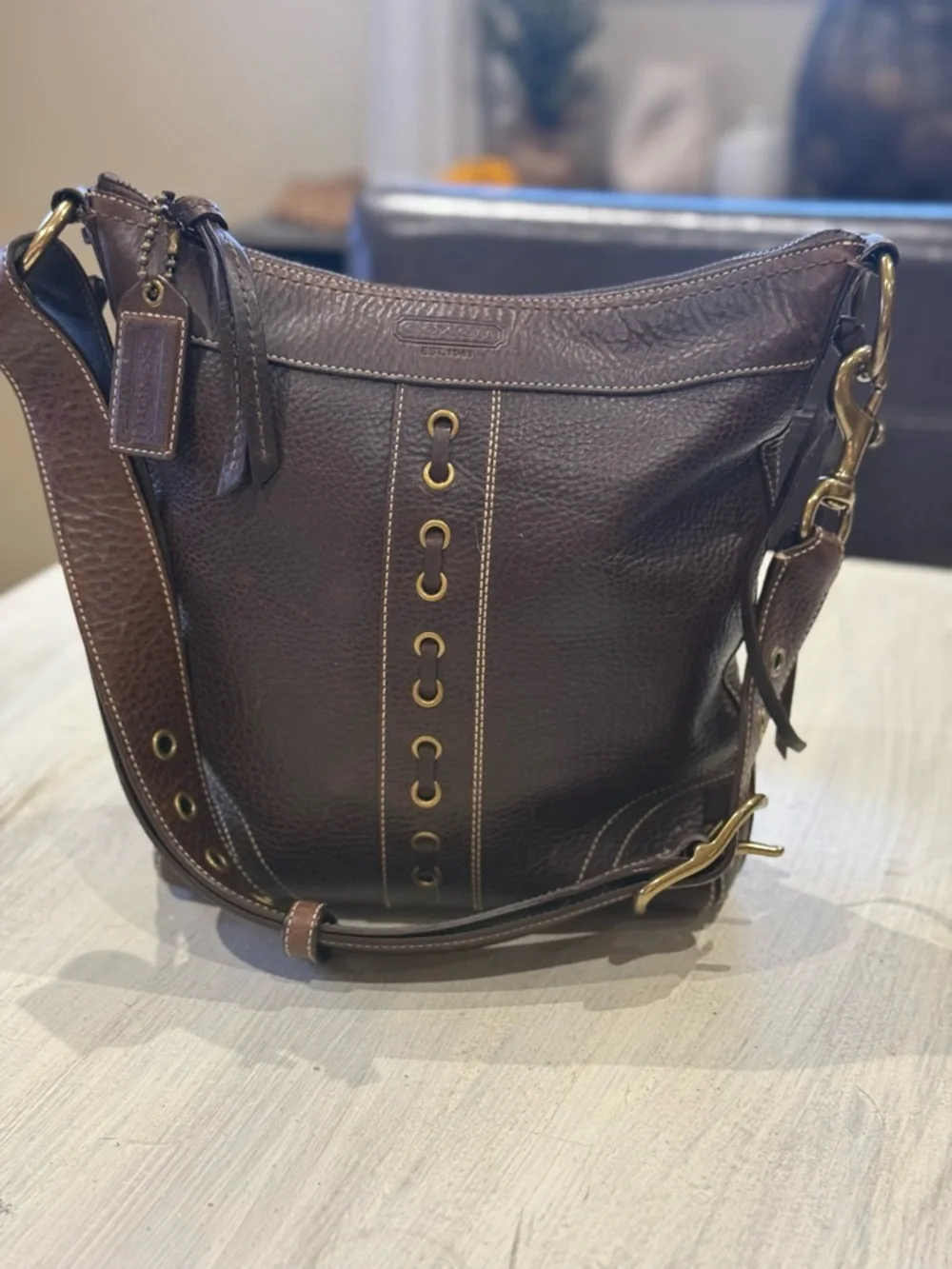 Coach Bleeker Dark Brown Pebbled Leather Messenger/Bucket Bag with Brass